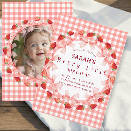 Invitación Coquette Berry First Birthday Red Gingham Photo