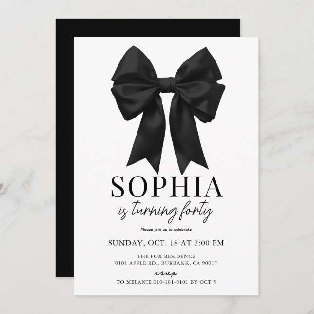 Invitación Coquette Black Bow Ribbon Adulto Cumpleaños (Anverso / Reverso)