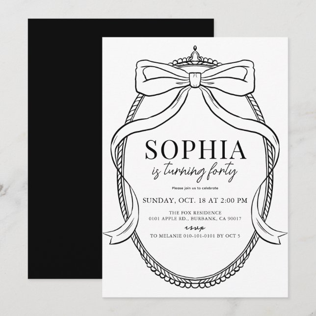 Invitación Coquette Black Bow Ribbon Frame Adulto Cumpleaños (Anverso / Reverso)