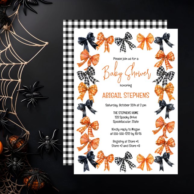Invitación Coquette Black de Halloween | Naranja Bows Baby Sh (Halloween Coquette Black | Orange Bows Girl Baby Shower Invitation)