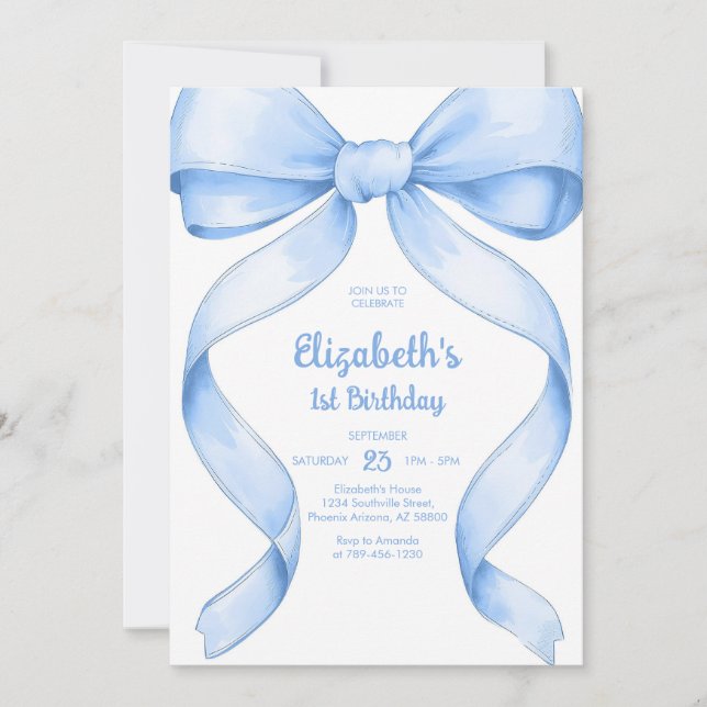 Invitación Coquette Blue Bow Birthday Invitation (Anverso)