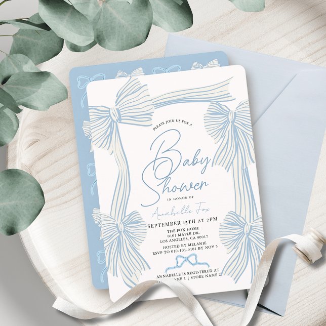 Invitación Coquette Blue Bow/Ribbon Boy Baby Shower (Subido por el creador)