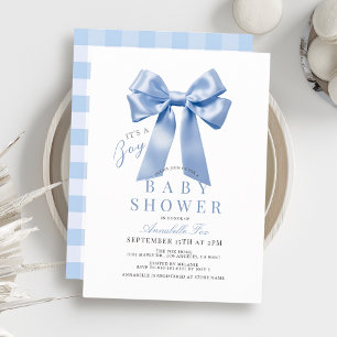 Invitación Coquette Blue Bow Ribbon Boy Baby Shower