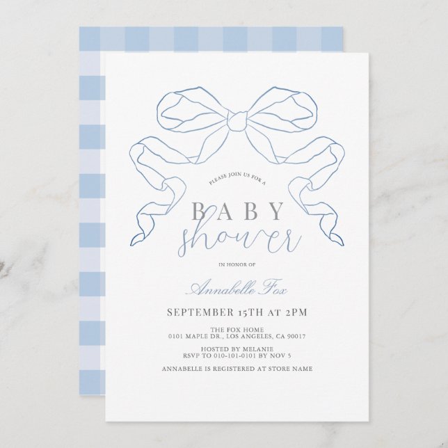 Invitación Coquette Blue Bow/Ribbon Boy Baby Shower (Anverso / Reverso)