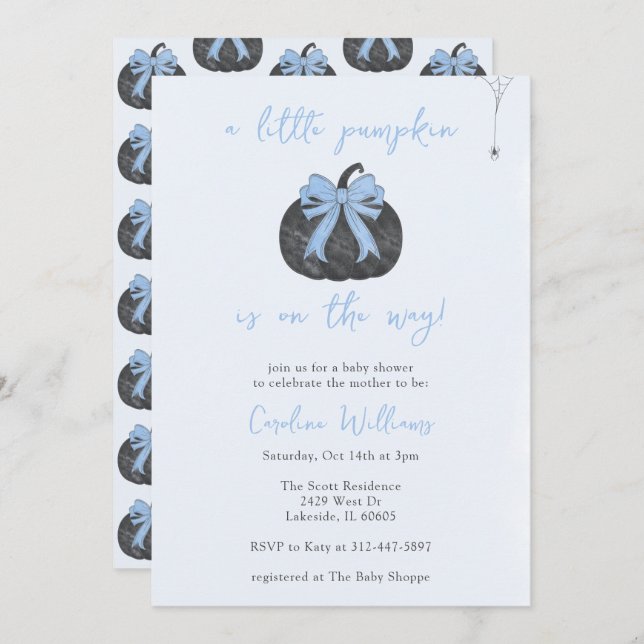 Invitación Coquette Blue Bow Un Pequeño Calabaza Cae Hallowee (Anverso / Reverso)