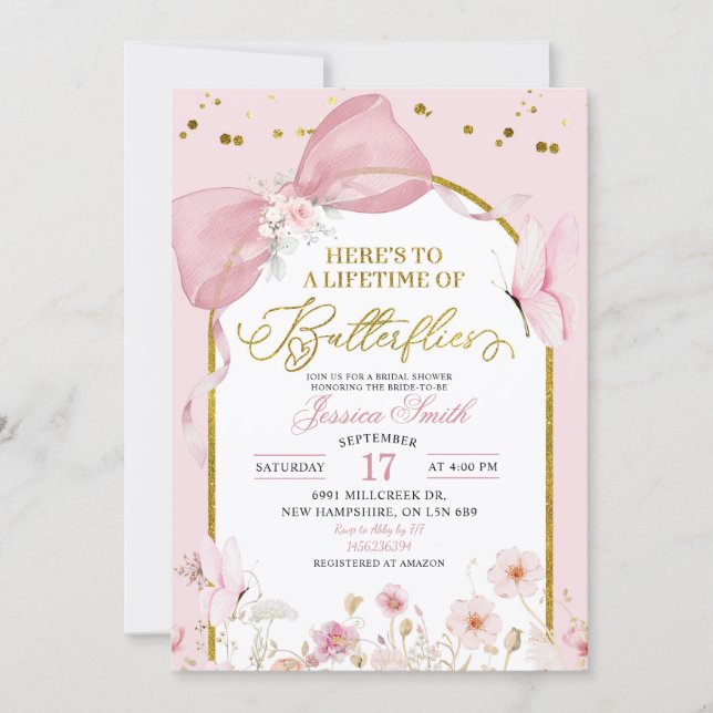 Invitación Coquette Blush Pink Butterfly Bridal Shower (Anverso)