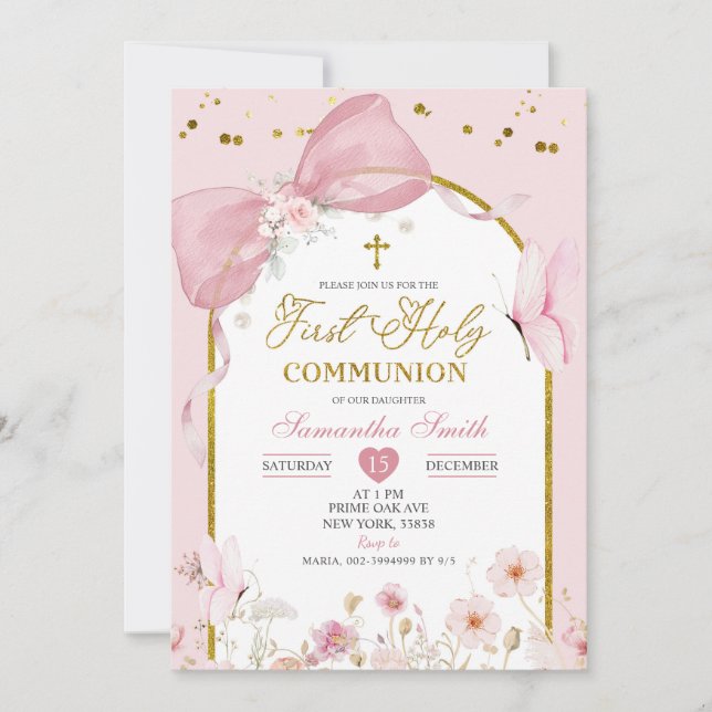 Invitación Coquette Blush Pink Butterfly First Holy Communion (Anverso)