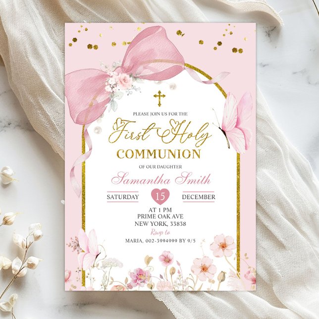 Invitación Coquette Blush Pink Butterfly First Holy Communion (Subido por el creador)