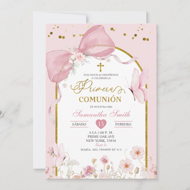 Invitación Coquette Blush Pink Butterfly Primera Communion (Anverso)