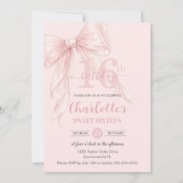 Invitación Coquette Blush Pink Ribbon Bow 16th Birthday