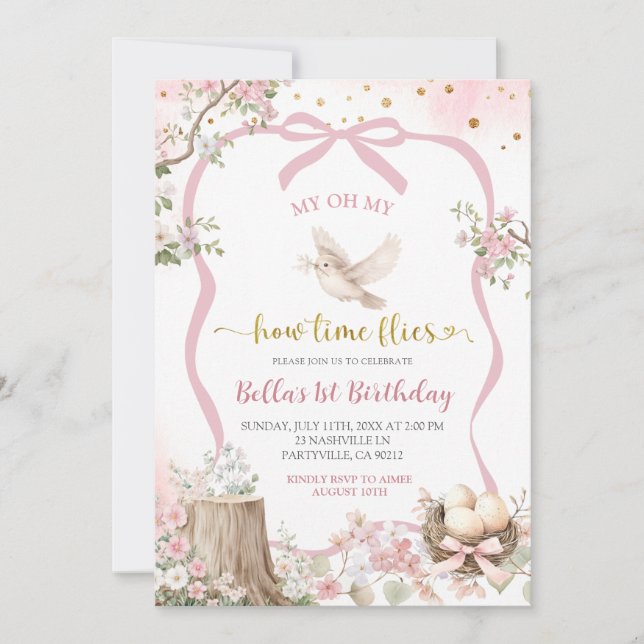 Invitación coquette blush pink Spring bird birthday  (Anverso)