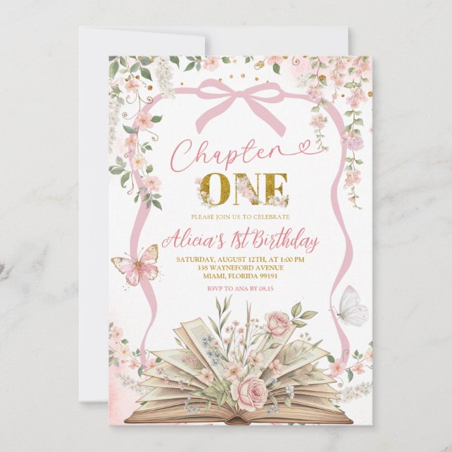 Invitación coquette blush pink storybook birthday (Anverso)