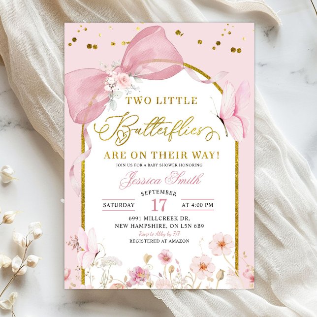 Invitación Coquette Blush Pink Twins Butterfly Baby Shower (Subido por el creador)