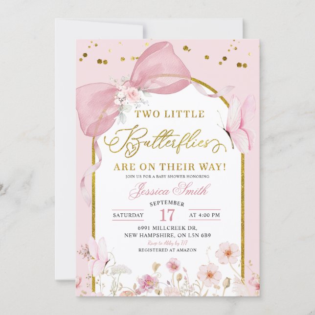 Invitación Coquette Blush Pink Twins Butterfly Baby Shower (Anverso)