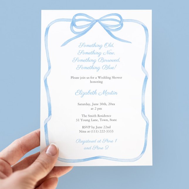 Invitación Coquette Bow Algo De Ducha Azul Británica (Something Blue Theme Bridal Shower Party Invitation With Coquette Light Blue Bow and Ribbon Frame)
