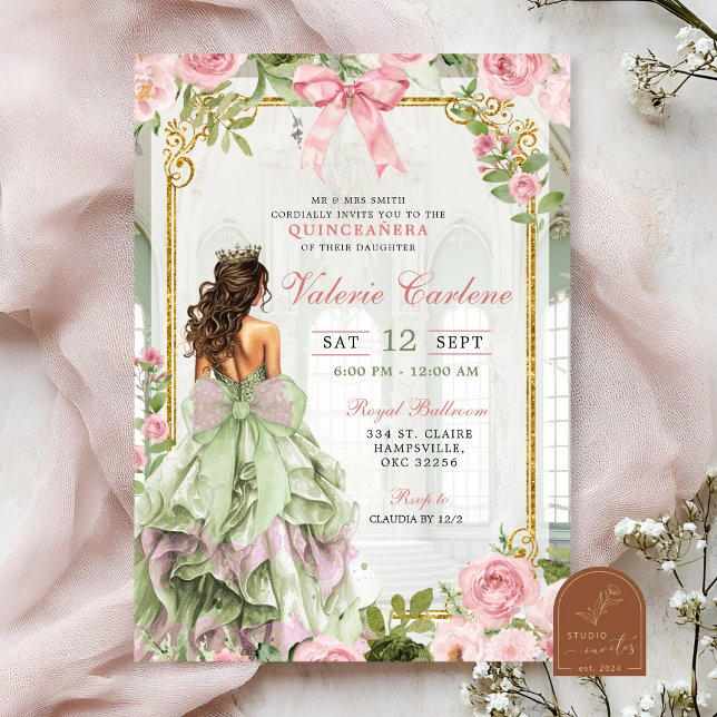 Invitación Coquette Bow Ballroom Sage Rubor Pink Quinceanera (Subido por el creador)