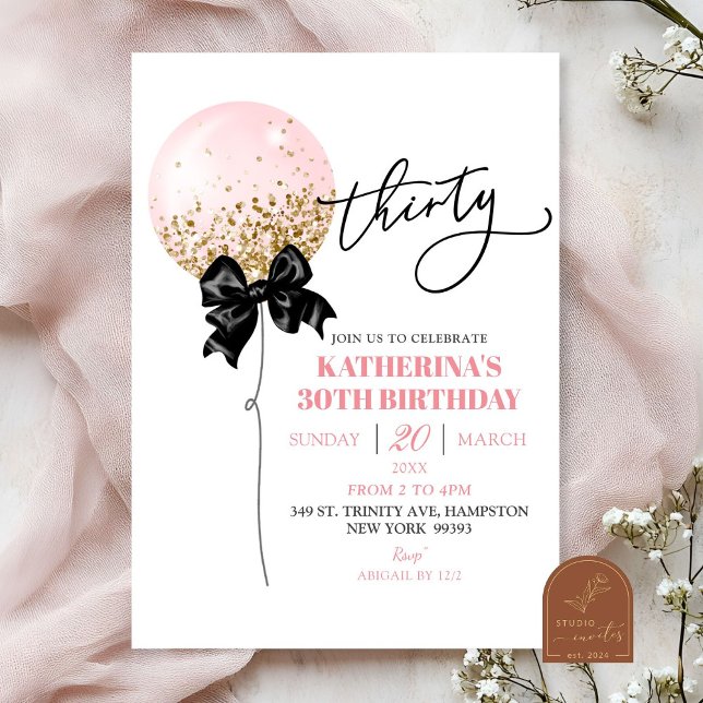 Invitación Coquette Bow Balón rosa Adulto Cumpleaños (Subido por el creador)