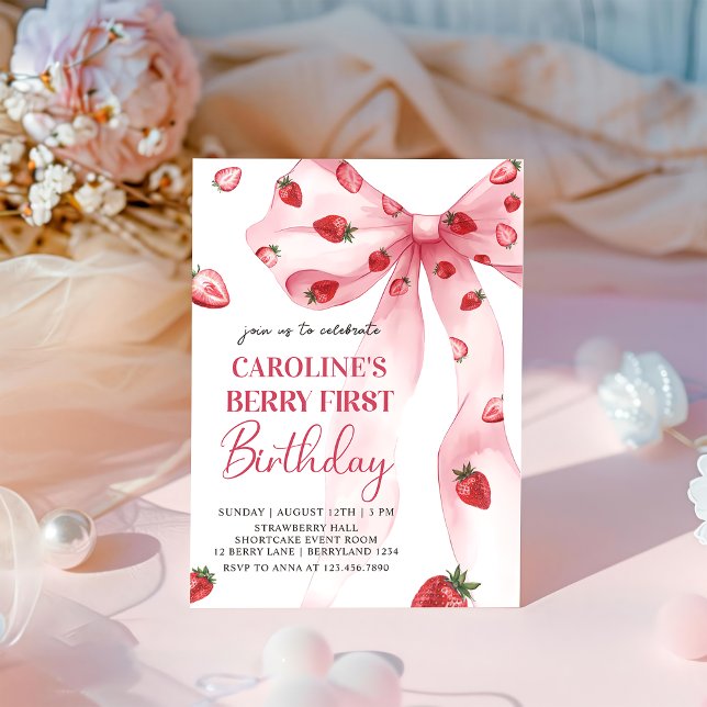 Invitación Coquette Bow Berry First Strawberry 1er cumpleaños (Subido por el creador)