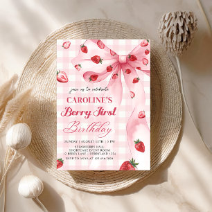 Invitación Coquette Bow Berry First Strawberry 1er cumpleaños