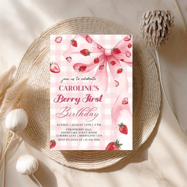 Invitación Coquette Bow Berry First Strawberry 1er cumpleaños (Subido por el creador)