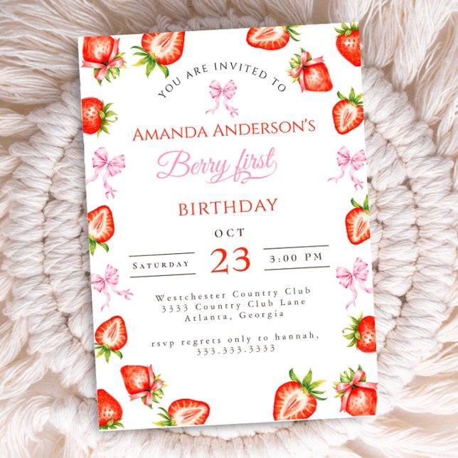 Invitación Coquette Bow Berry primer cumpleaños de fresa (Subido por el creador)
