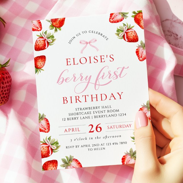 Invitación Coquette Bow Berry primer cumpleaños de fresa (Subido por el creador)