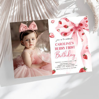Invitación Coquette Bow Berry primera foto de cumpleaños de f