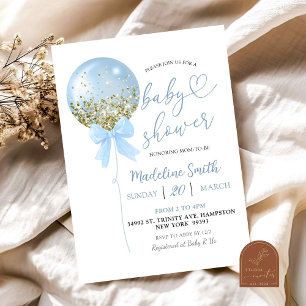 Invitación Coquette Bow Blue Balloon Baby Shower
