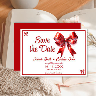 Invitación Coquette Bow Boda Roja Salva la Fecha