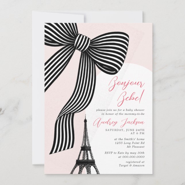 Invitación Coquette Bow Bonjour Bébé Parisian Baby Shower (Anverso)