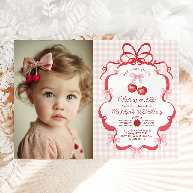 Invitación Coquette Bow Cherry First 1st Birthday Photo (Subido por el creador)
