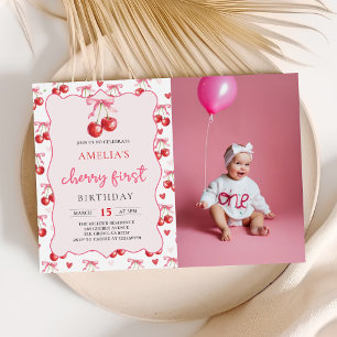 Invitación Coquette Bow Cherry First Birday Photo