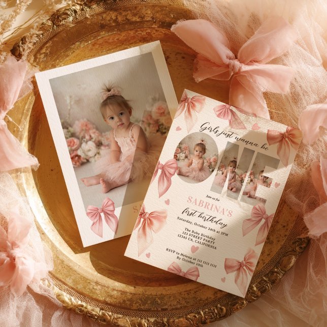 Invitación Coquette Bow Chicas rosados solo quieren su primer (Coquette Bow Pink Girls Just wanna First Birthday Invitation)