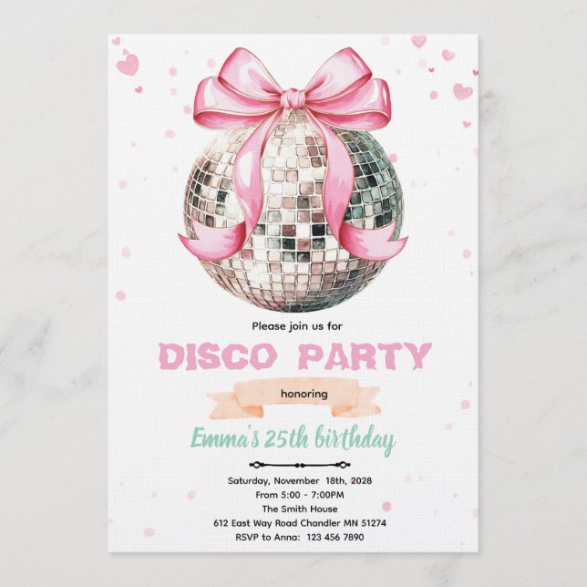 Invitación Coquette Bow Disco Party Invitation (Anverso)