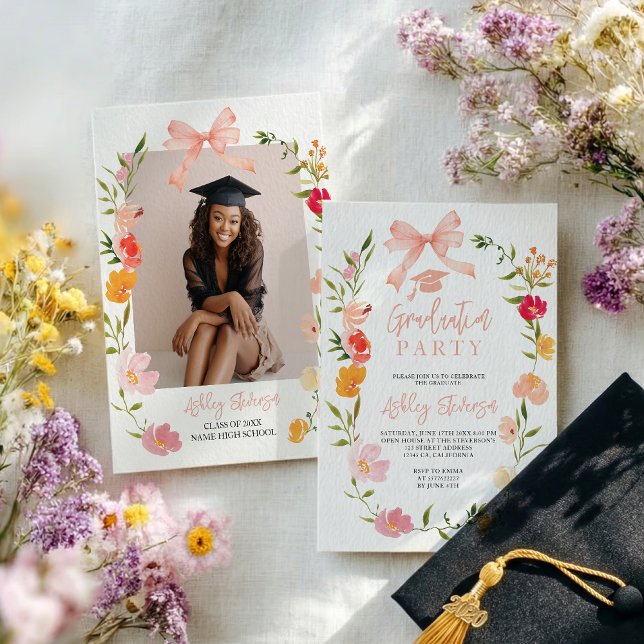 Invitación Coquette Bow flores silvestres Boho foto graduació (Boho Wildflowers Coquette Bow photo graduation Invitation)