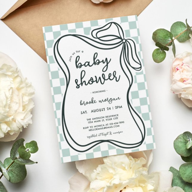 Invitación Coquette Bow Gender Neutral Baby Shower (Gender Neutral Coquette Checkered Baby Shower Invite)