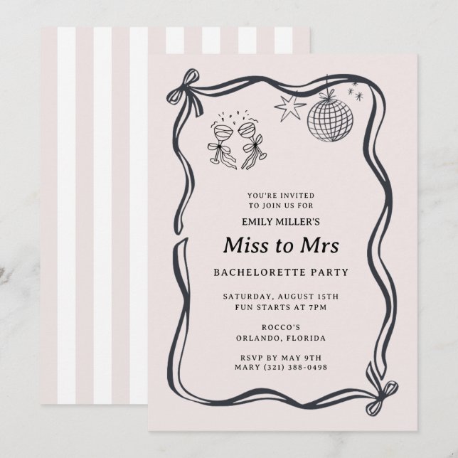 Invitación Coquette Bow Miss to Mrs Bachelorette  (Anverso / Reverso)