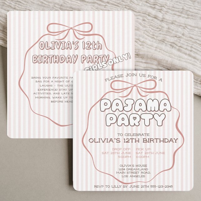 Invitación Coquette bow pajama fiesta rayas rosadas cumpleaño (Subido por el creador)