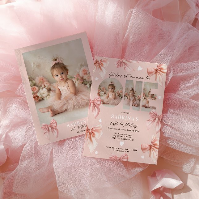 Invitación Coquette Bow Pink Girls Just wanna First Birthday (Coquette Bow Pink Girls Just wanna First Birthday Invitation)