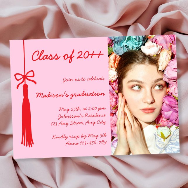 Invitación Coquette Bow Pink Red Elegan Photo 2026 Graduation (Coquette Bow Pink Red Elegan Photo 2026 Graduation Invitation)