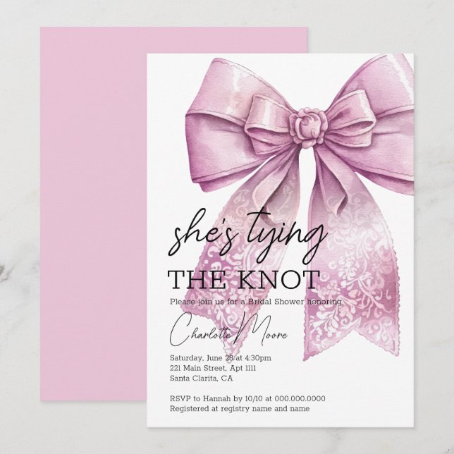 Invitación Coquette Bow Pink Tying Knot Bridal Shower (Anverso / Reverso)
