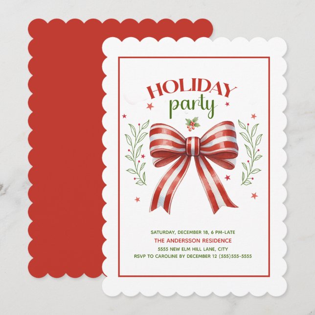 Invitación Coquette Bow Red Green Holiday Party (Anverso / Reverso)