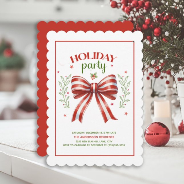 Invitación Coquette Bow Red Green Holiday Party (Red and white striped bow Holiday party invitation)