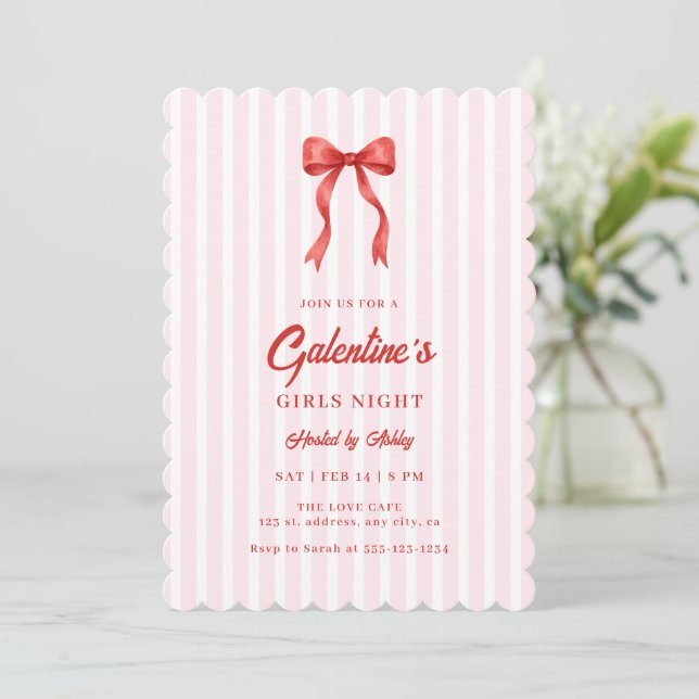 Invitación Coquette Bow Red Pink Galentine's Party (Anverso de pie)