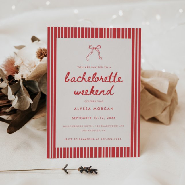 Invitación Coquette Bow Red Striped Bachelorette Weekend (Subido por el creador)