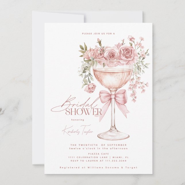 Invitación Coquette Bow Roses Rosa Prosecco Ducha de Novias (Anverso)