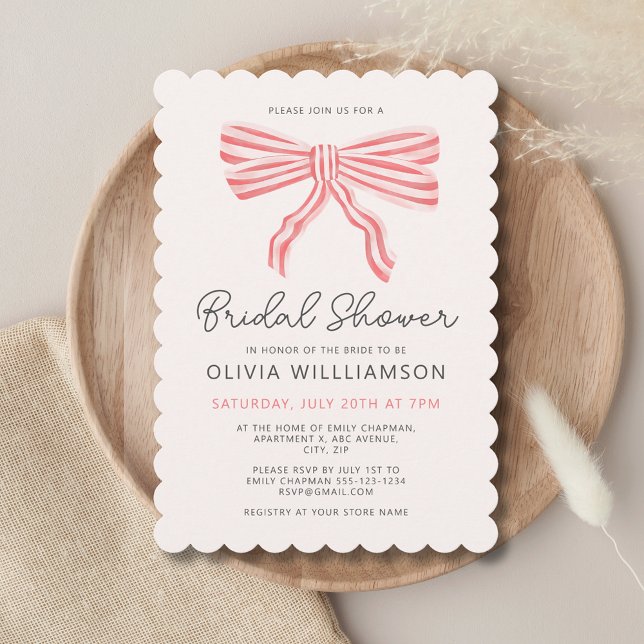 Invitación Coquette Bow Rubor Bridal Shower (Modern blush pink bridal shower invitation with striped bows, coquette aesthetic. Matching range.)