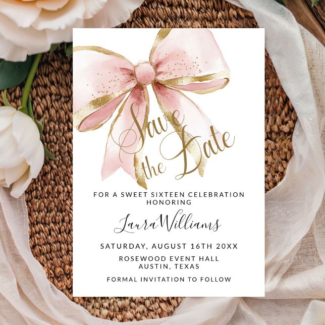 Invitación Coquette Bow Save The Date Sweet Sixteen (Elegant Pink and Gold Sweet Sixteen Save the Date Invitation)