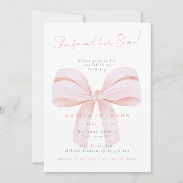 Invitación Coquette Bow She Found Her Beau Bridal Shower (Anverso)