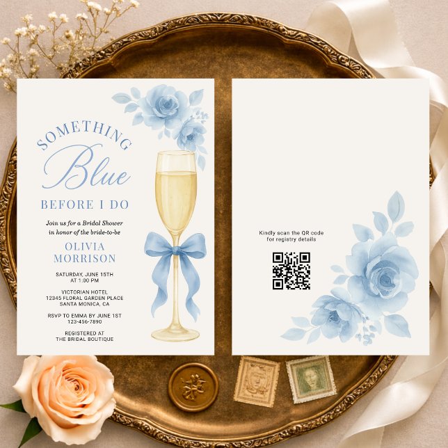 Invitación Coquette Bow Something Blue QR Code Bridal Shower  (Subido por el creador)